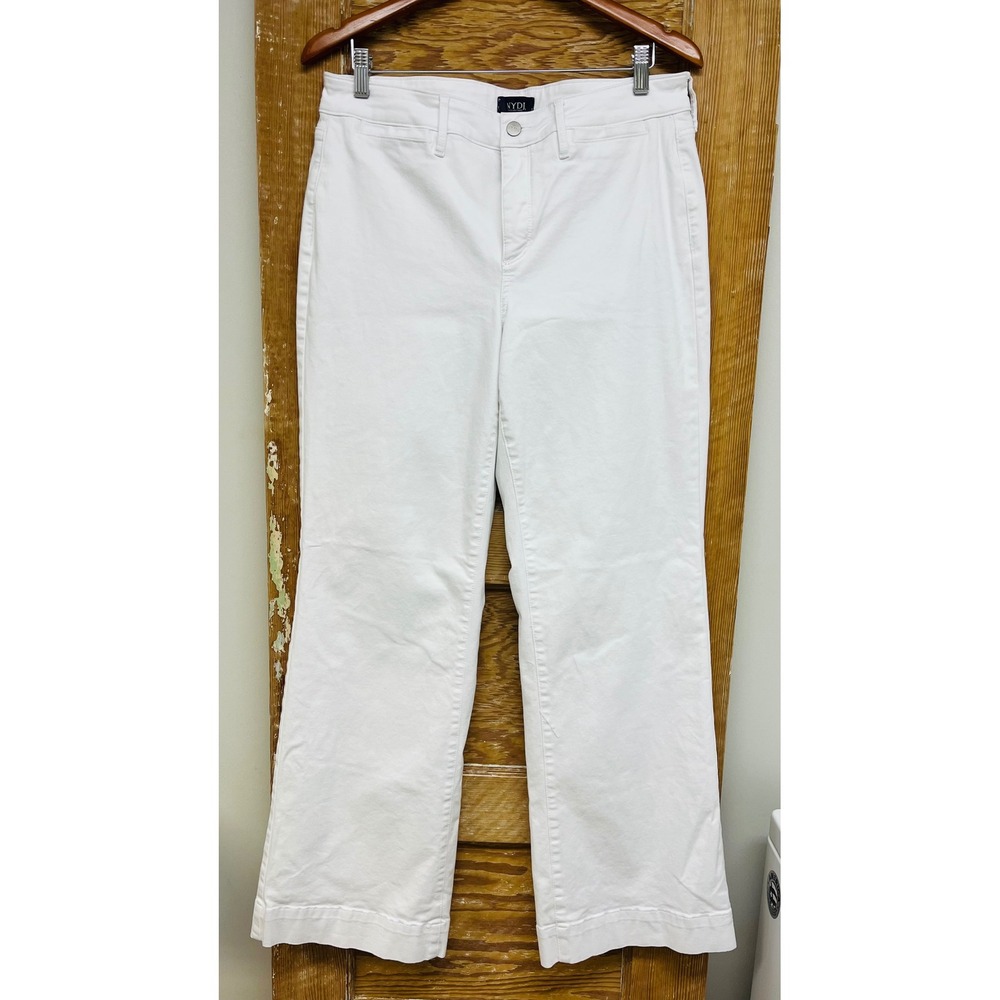 NYDJ Wide Leg Flare Pants 12 White Lift Tuck Stretch Denim Comfy Boho Hippie